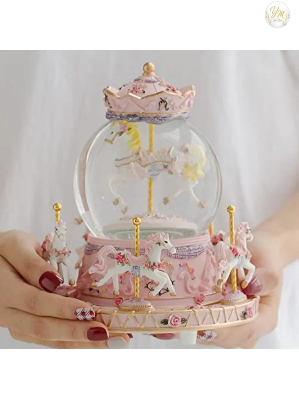 Musical Snow Globe Carousel Music Box with LED Lights, Unicorn Decor, Gift for